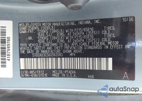 2006 Toyota Sienna Ce z USA, uszkodzony, nr VIN 5TDZA23C56S562083